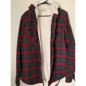 Another Influence Sherpa-Lined Hooded Flannel Jacket – Green/Red Plaid (Large)